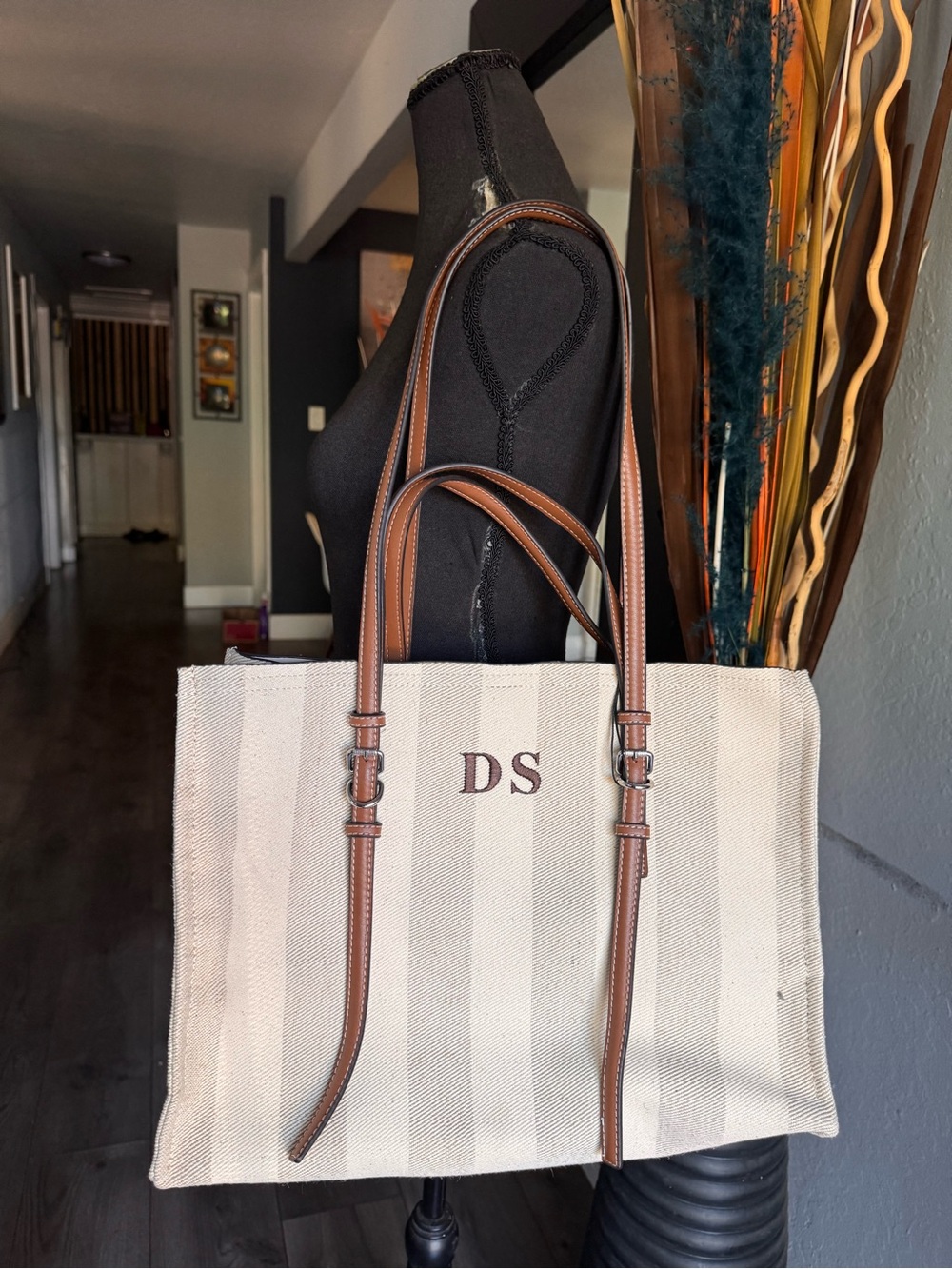 Zara Canvas Tote Bag with Brown Leather Trim - Monogrammed DS